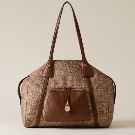 Borbonese Poche Shopping Bag Nylon Pelle Beige Marrone 910101980189994 Fronte