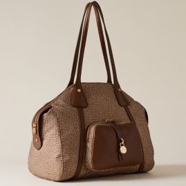 Borbonese Poche Shopping Bag Nylon Pelle Beige Marrone 910101980189994 Lato